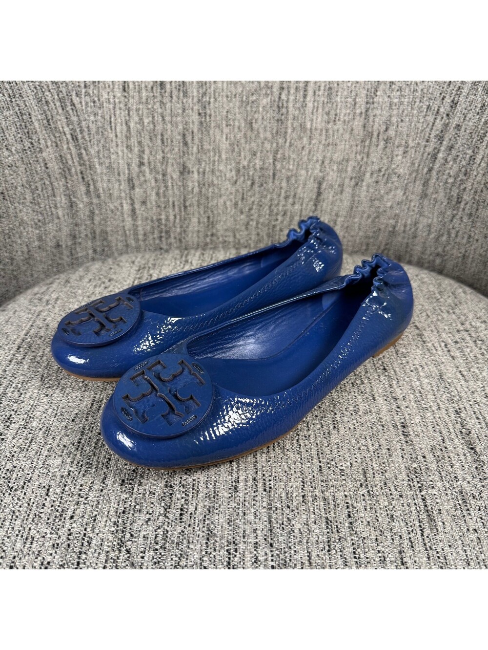 Tory Burch Reva Blue Patent Leather Ballet Flats Logo Shoes Womens Size 8.5
